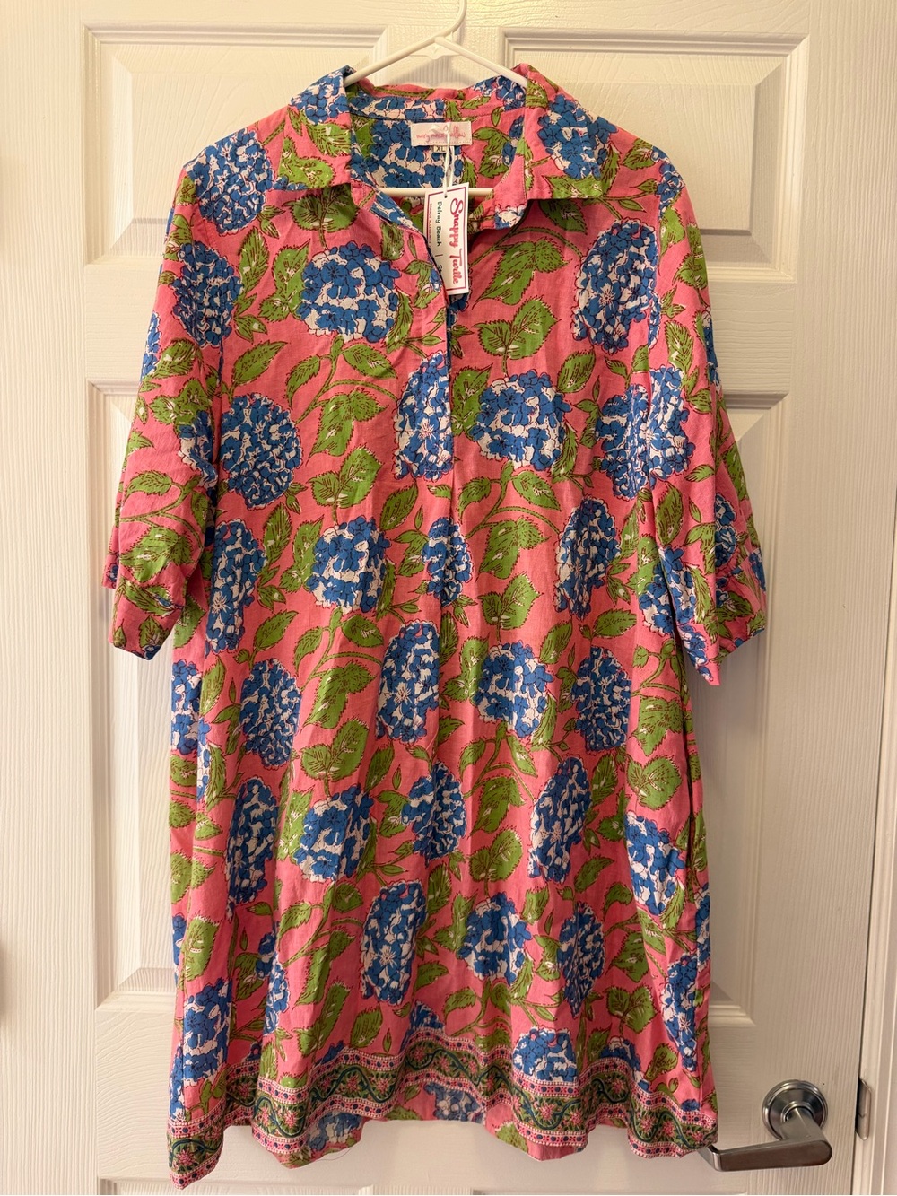 Mary Marshmallow NWT Pink Dress with Blue Hydrangea and Green Leaves